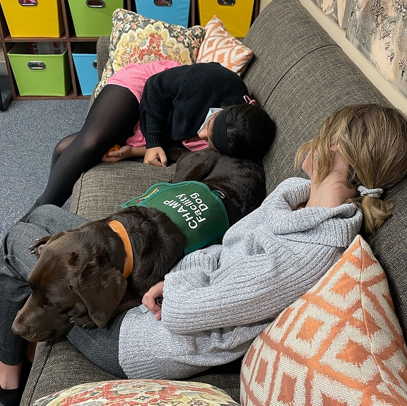 A chocolate Labrador retriever facility dog wearing a green CHAMP vest rests calmly across a woman's lap and alongside a young girl lying down on a couch, providing deep pressure comfort in a warm office setting.