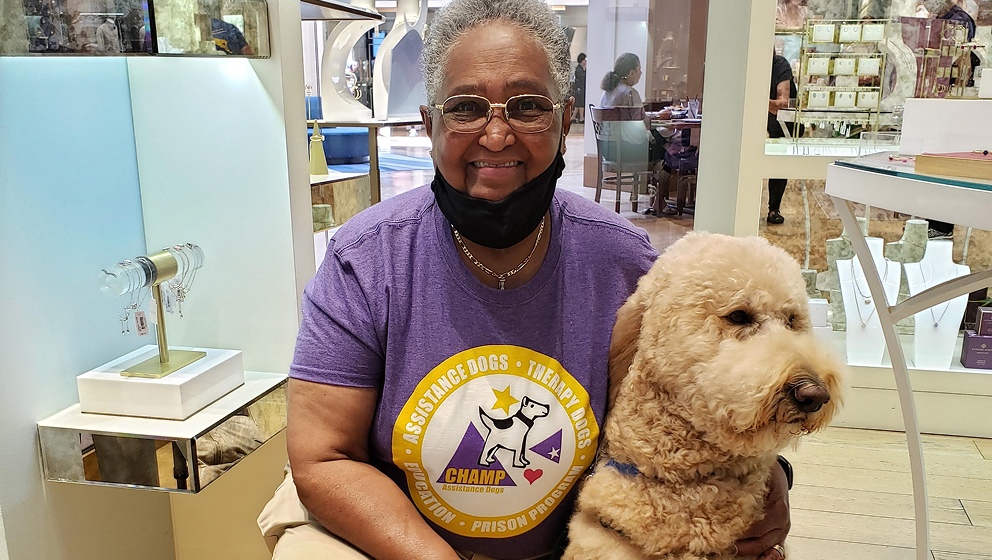 CHAMP Assistance Dogs handler wearing program t-shirt with her goldendoodle during a community public access outing.